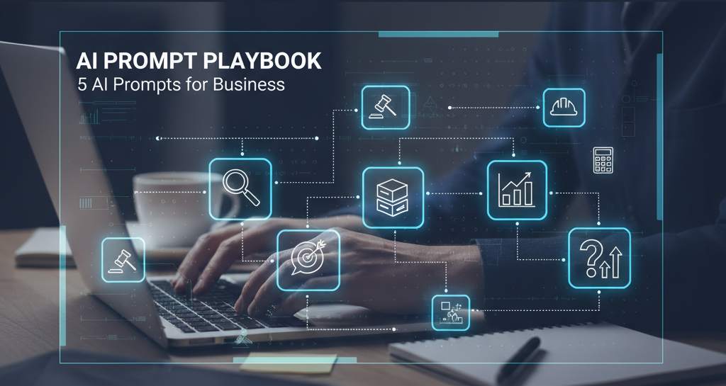 Ai prompts for business showing a professional using a laptop with interconnected icons representing legal, construction, accounting, data, and problem-solving tasks, illustrating the article's focus on an ai prompt playbook for business owners.