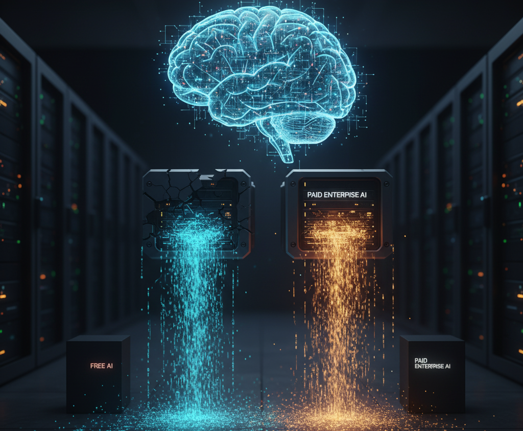 Digital representation of ai data leakage a cracked 'free ai' container leaks blue data particles, while a 'paid enterprise ai' container securely channels orange data, set in a server room with a holographic brain above.