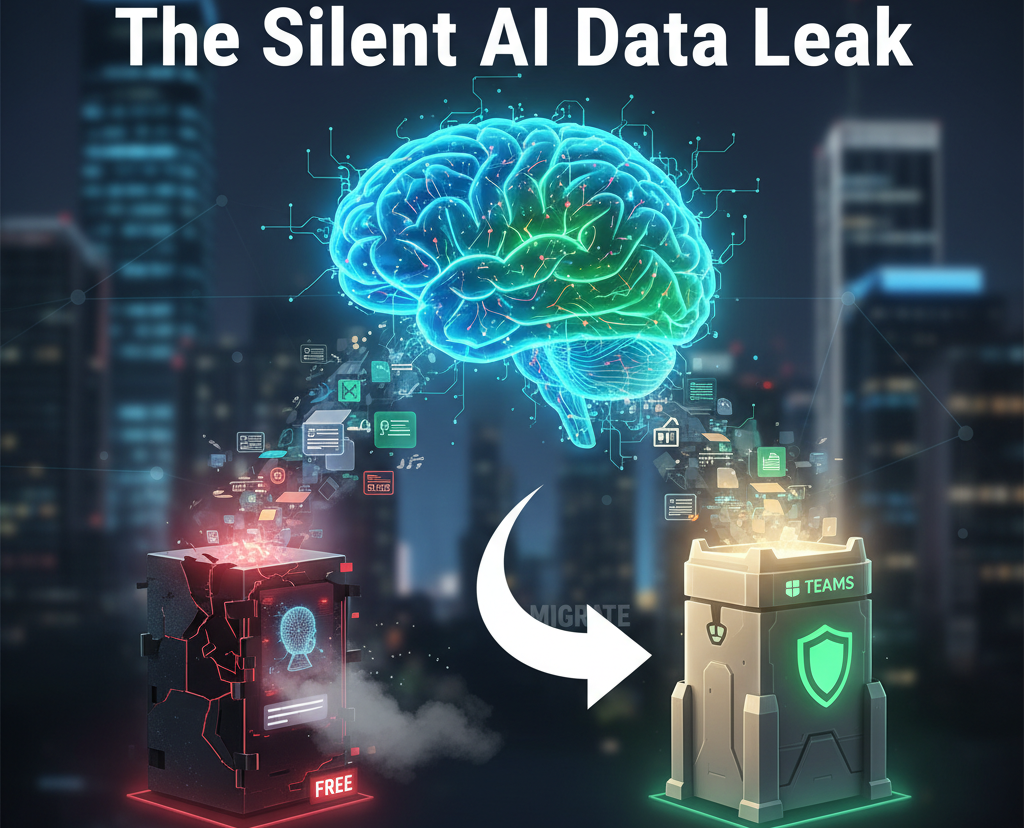 Landscape image illustrating the silent ai data leak, with sensitive data flowing from a red, cracked 'free' ai container to a secure, green 'teams' enterprise ai solution, highlighting safe migration.