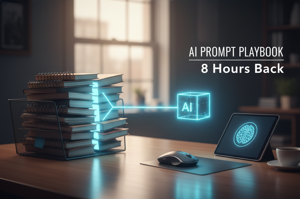 A visual metaphor showing a large stack of documents connected by a glowing blue line to an "ai" cube, leading to a tablet with a glowing brain icon. The image represents ai streamlining tasks and saving time for business owners.