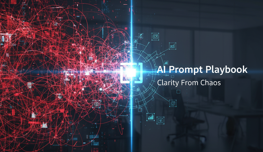 Abstract graphic showing a red, chaotic data network on one side transforming into an organized blue network with business icons on the other, symbolizing ai prompts bringing clarity from complexity for business.