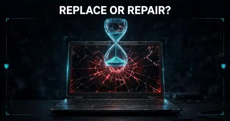 Aging laptop with a dim screen beside a modern laptop at night, a glowing red hourglass between them showing when to replace business computers
