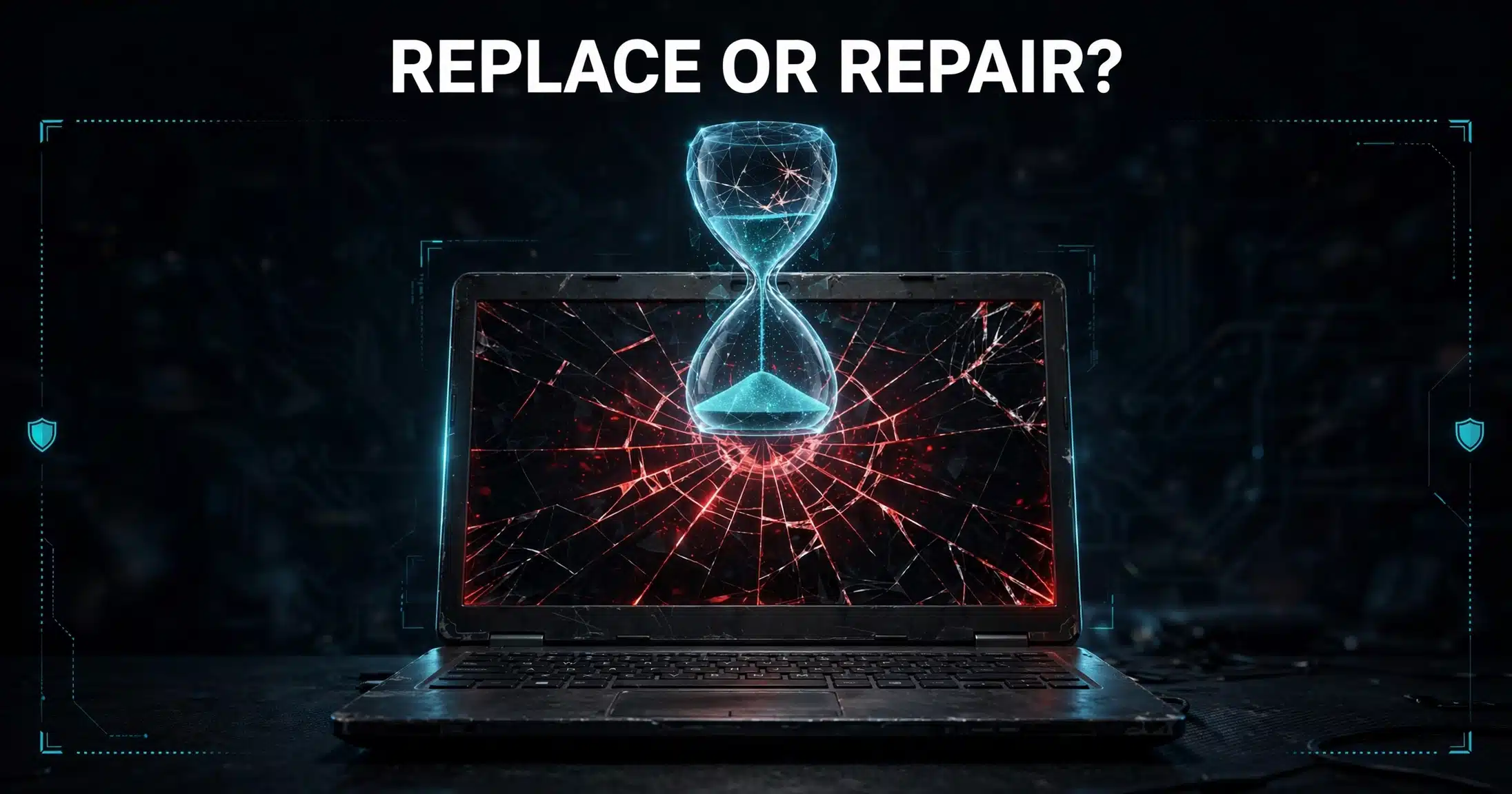 Aging laptop with a dim screen beside a modern laptop at night, a glowing red hourglass between them showing when to replace business computers