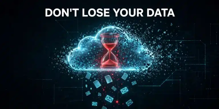 Laptop with a glowing cloud icon dissolving into red pixels and a countdown timer, showing business data expiring after a cloud service is canceled