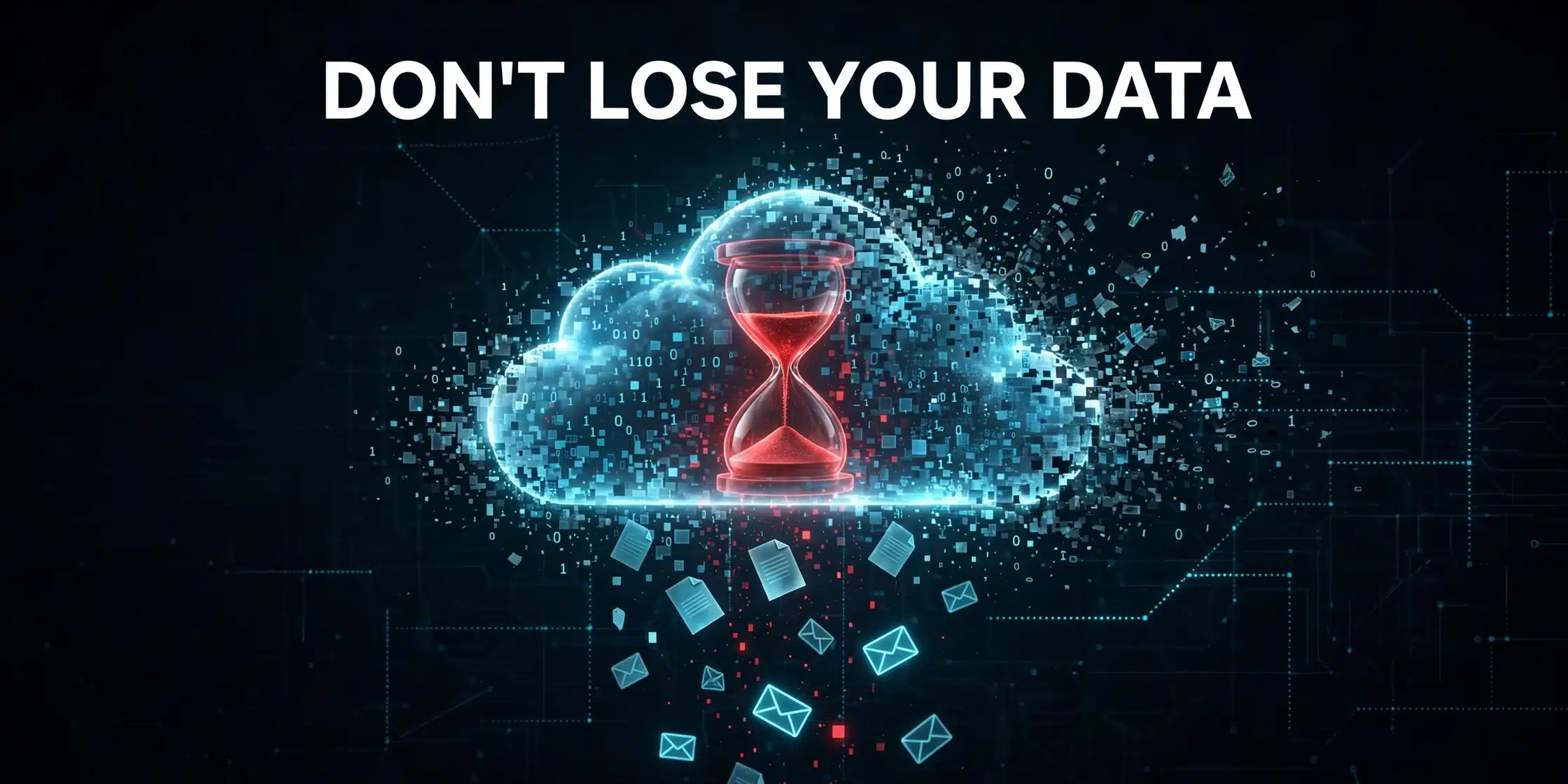 Laptop with a glowing cloud icon dissolving into red pixels and a countdown timer, showing business data expiring after a cloud service is canceled