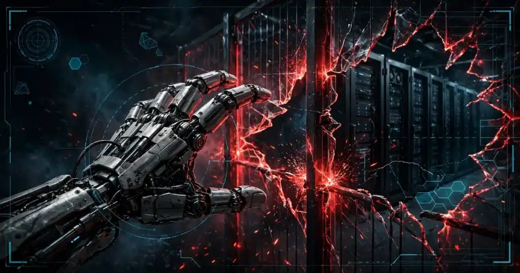 Robot hand shattering a glowing red boundary fence toward server racks, what happens when there are no limits on ai agent liability risks