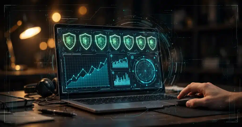 Laptop showing an ai agent dashboard with green shield guardrails and a hand on the mouse, human oversight that limits ai agent liability