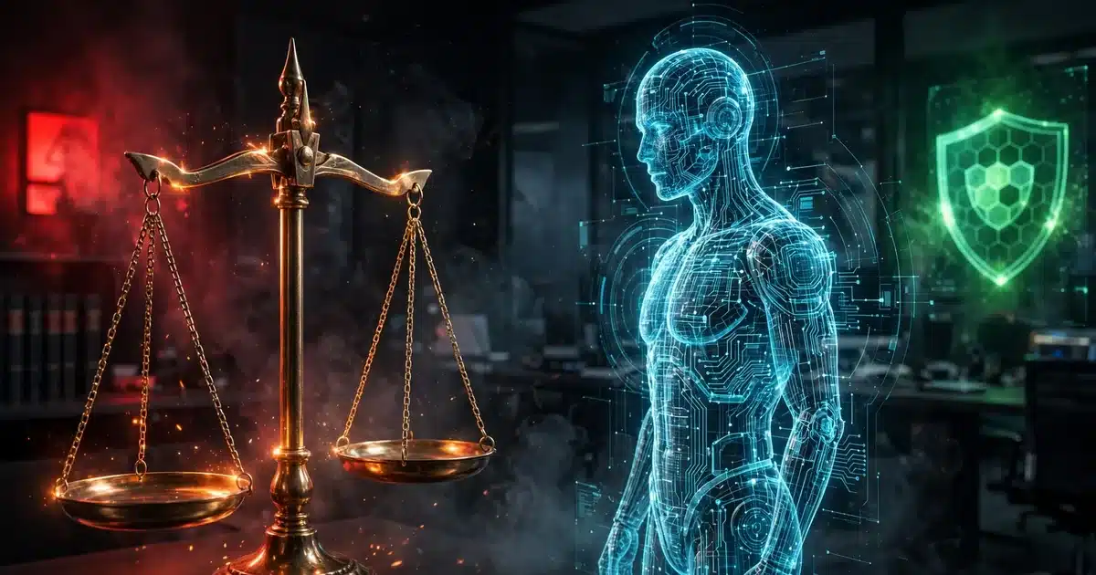 Bronze scales of justice facing a holographic ai figure in cyan, the ai agent liability question facing every business deploying autonomous agents