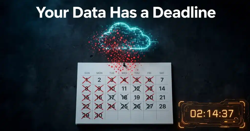 Calendar with red x'd-out dates beneath a dissolving cloud icon and a countdown timer, the deadline you face when you cancel cloud service data
