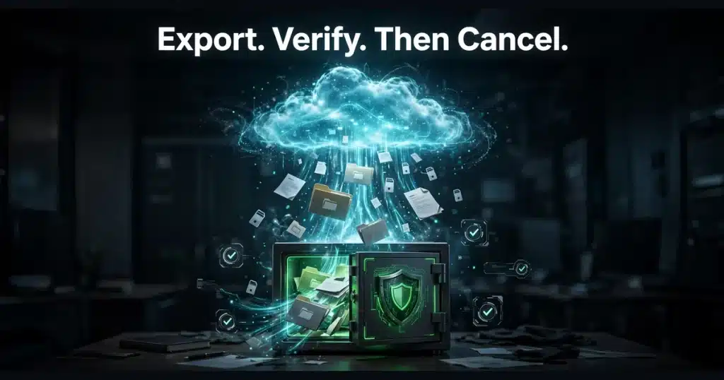 Files streaming from a glowing cloud into a green-shielded vault with checkmarks, the export-and-verify step before you cancel cloud service data