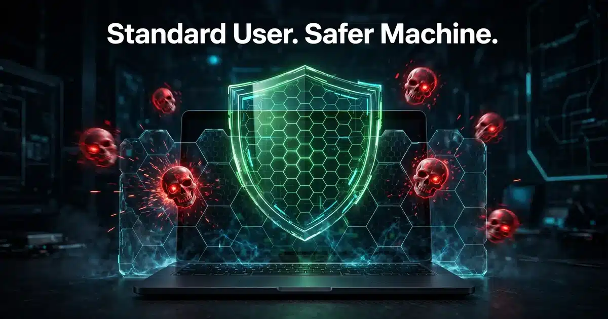 Laptop guarded by a glowing green shield as red malware skulls bounce off, the result when you remove employee admin access from daily accounts