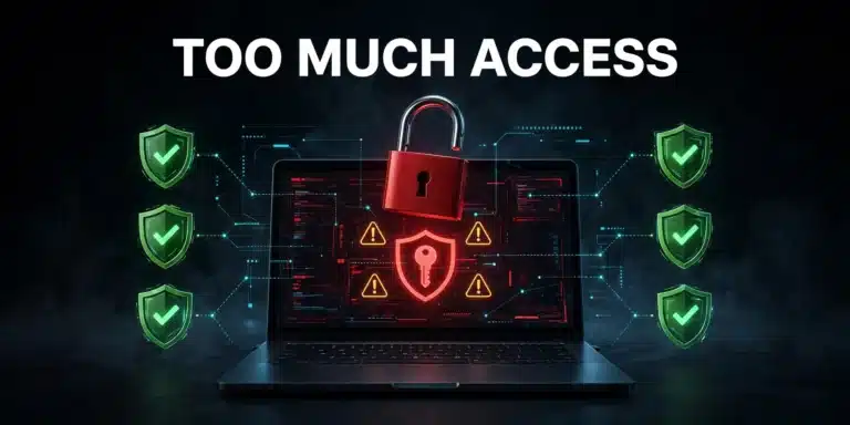 Close-up of a laptop permission dialog glowing red with a finger hovering over Yes, showing why firms remove employee admin access from daily accounts