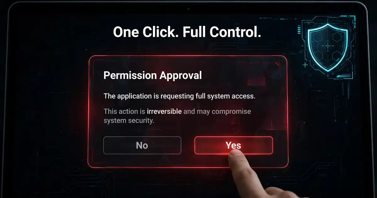 Laptop screen showing a red permission dialog with a finger about to tap yes, the moment you prevent when you remove employee admin access