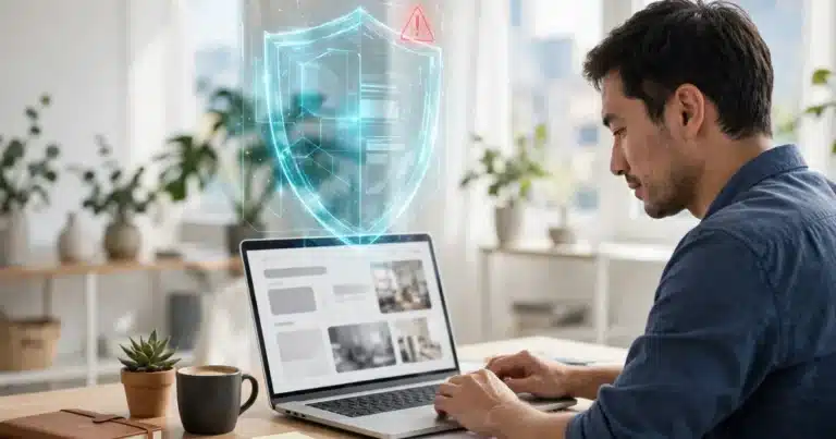 Business owner at a laptop checking his website for the PHP vulnerability, shield warning alert