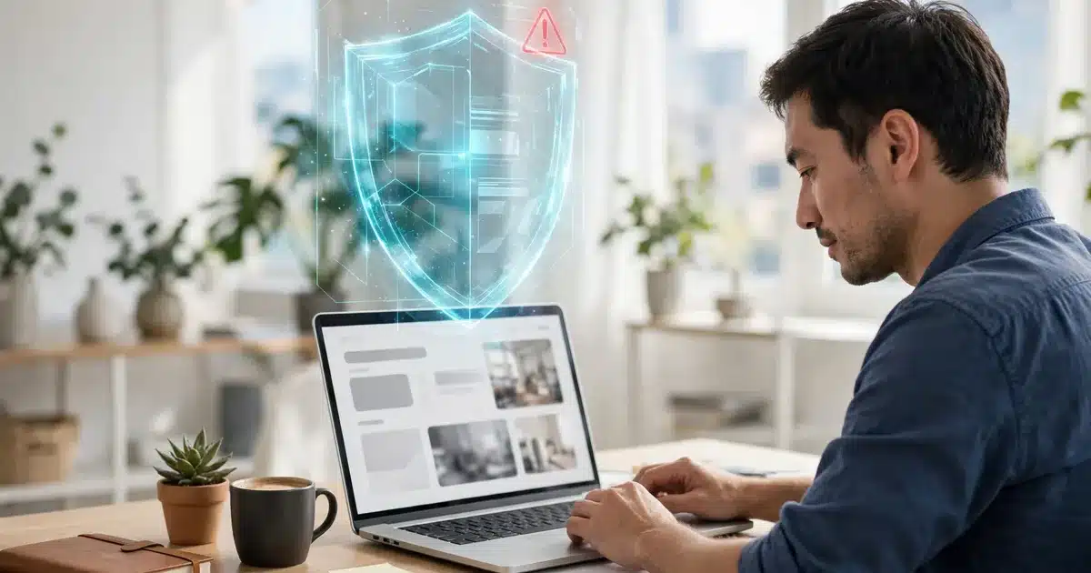 Business owner at a laptop checking his website for the php vulnerability, shield warning alert