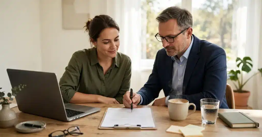 Cybersecurity in york, pa, a small business owner reviewing cyber insurance requirements with an advisor in a bright office