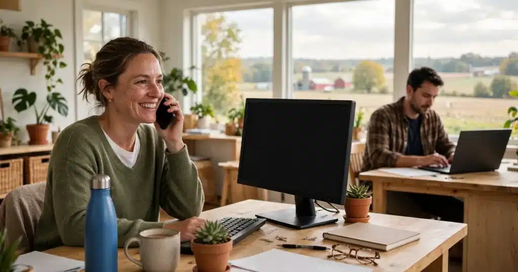 It support in lancaster, pa, a small business employee getting help by phone from an rdcs technician in a bright office