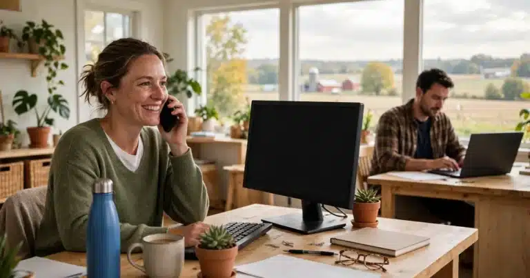 IT support in Lancaster, PA, a small business employee getting help by phone from an RDCS technician in a bright office
