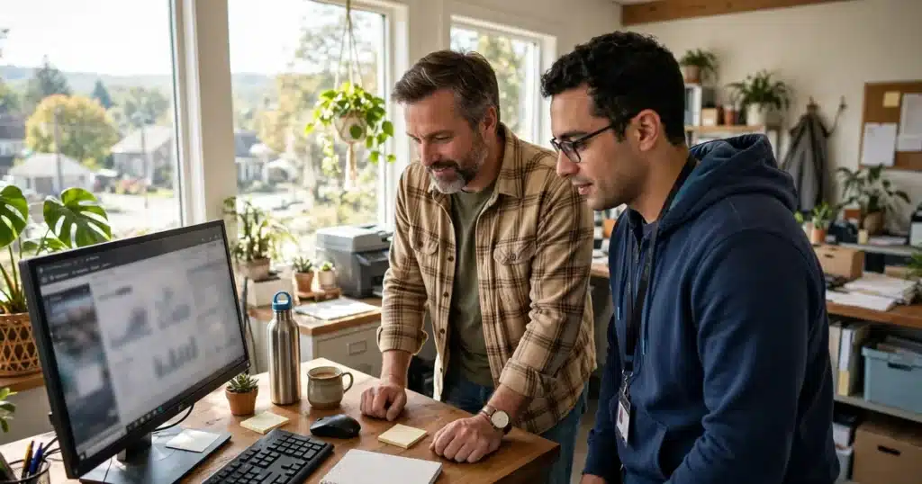 Managed it services in lancaster, pa, an rdcs technician reviewing systems with a small business owner in a bright office